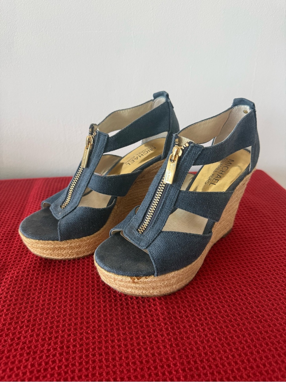 Michael Kors Dark Blue Espadrille Wedge Sandals with Gold Zip Detail